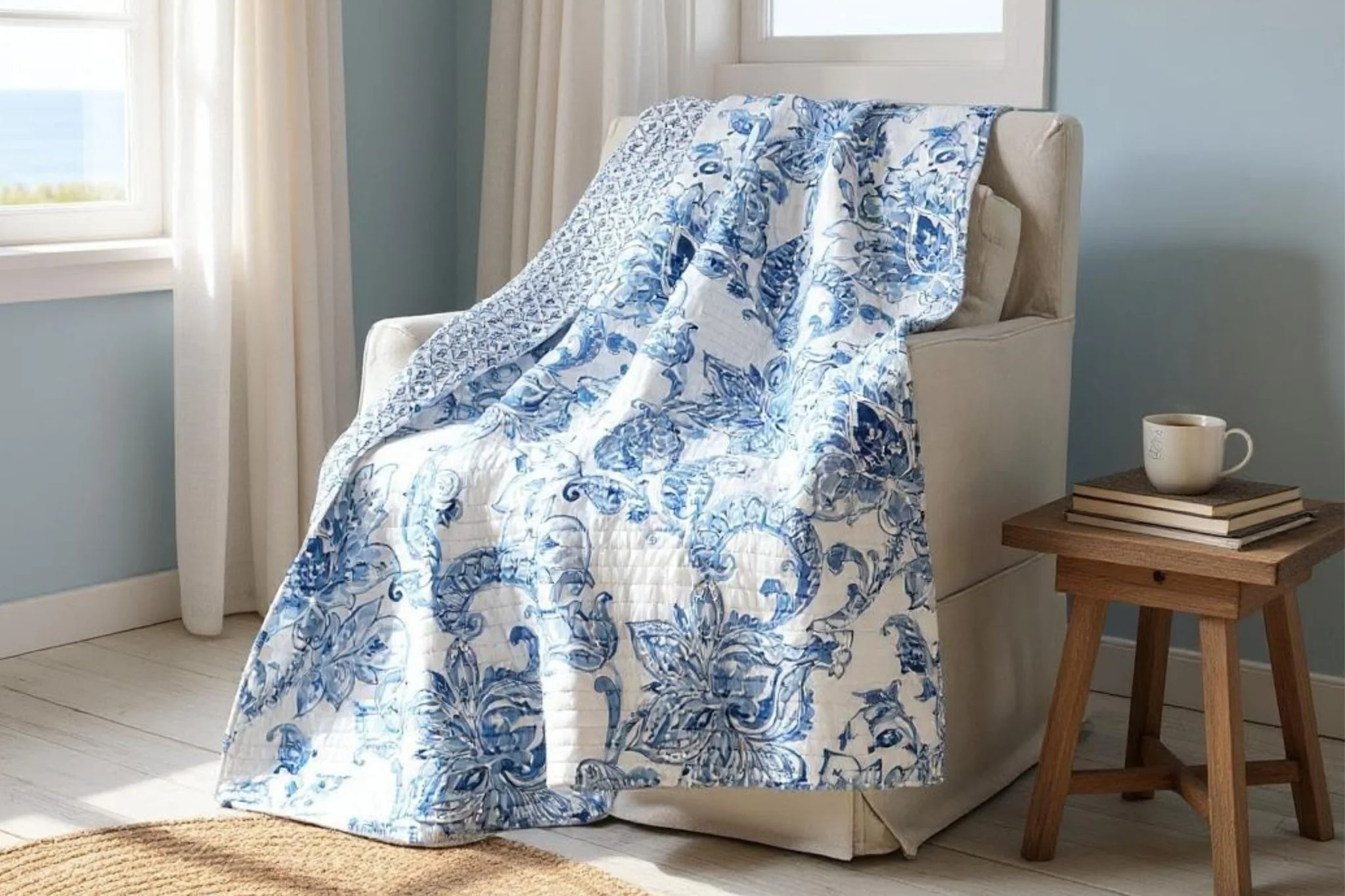Blue and White Paisley Floral Reversible Throw - Image 4