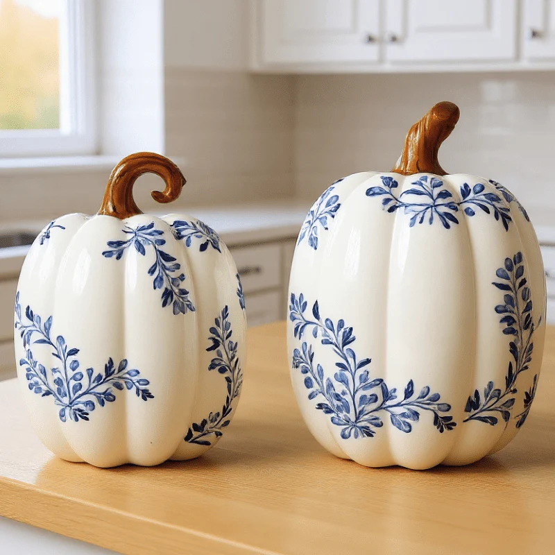 Blue & White Floral Ceramic Pumpkin- Assorted Sizes - Image 3