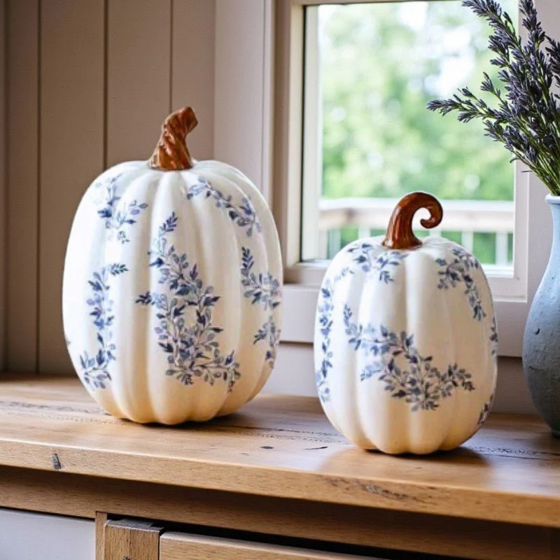 Blue & White Floral Ceramic Pumpkin- Assorted Sizes - Image 4
