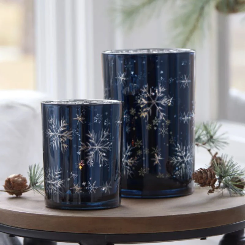 Blue & Silver Snowflake Glass Candle Holder