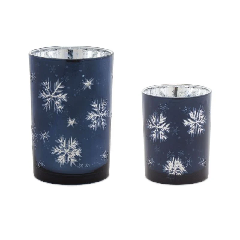 Blue & Silver Snowflake Glass Candle Holder - Image 2
