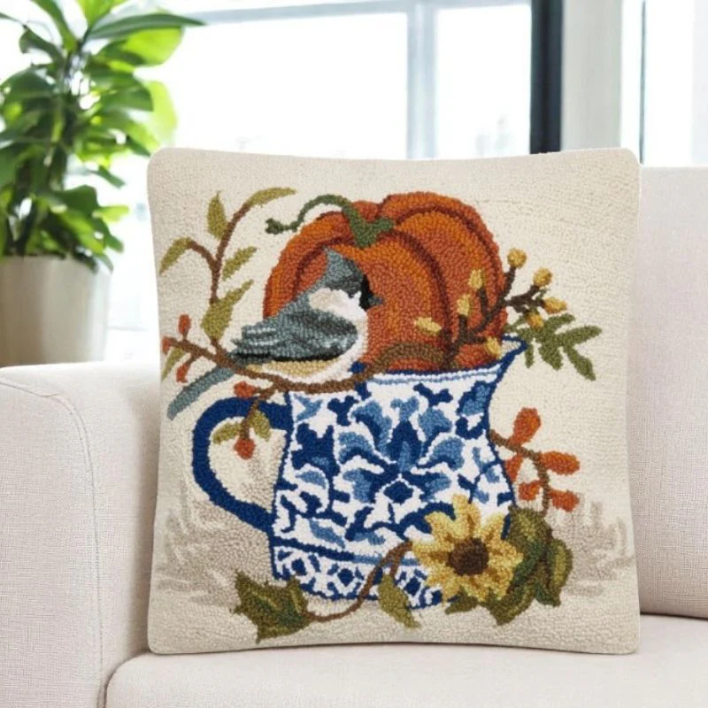 Fall Pumpkin & Bird Wool Pillow