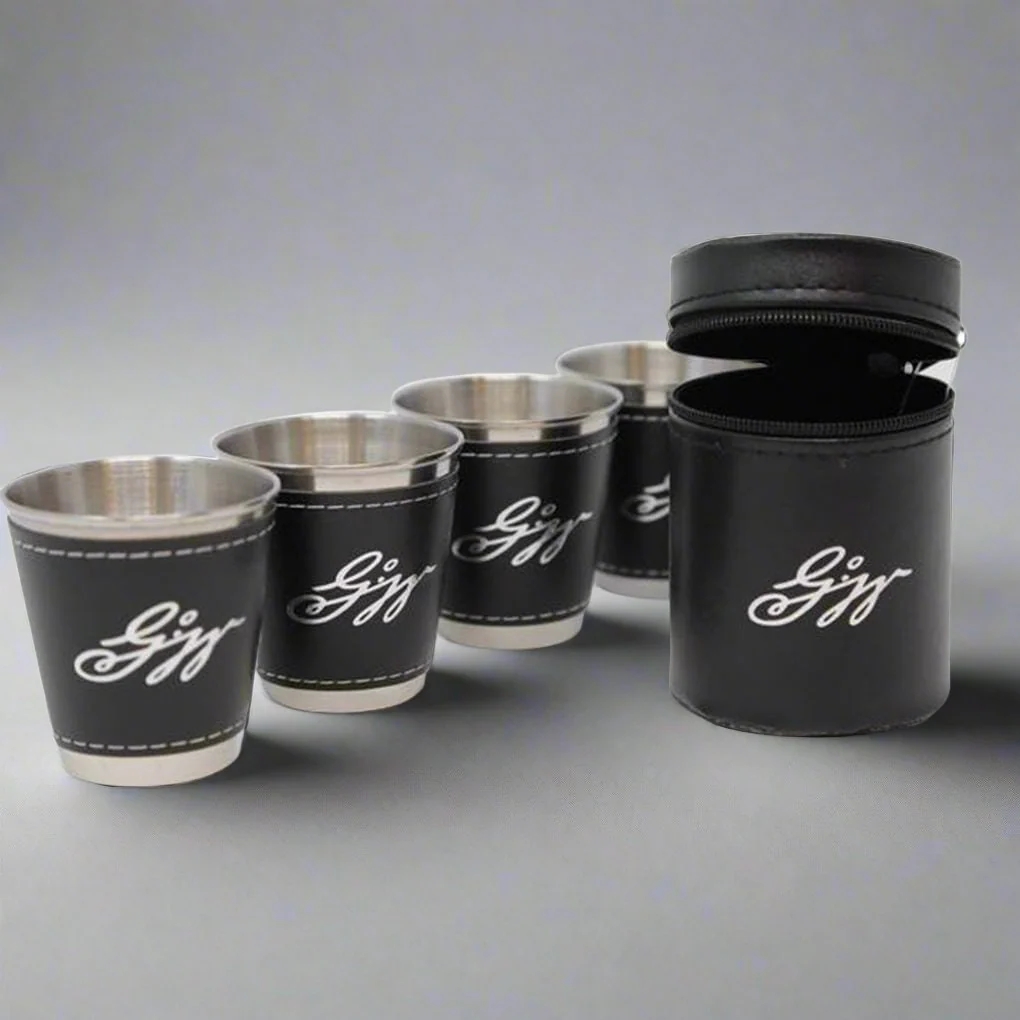 Set of Four Stainless Steel and Leather Shot Glasses - Image 3